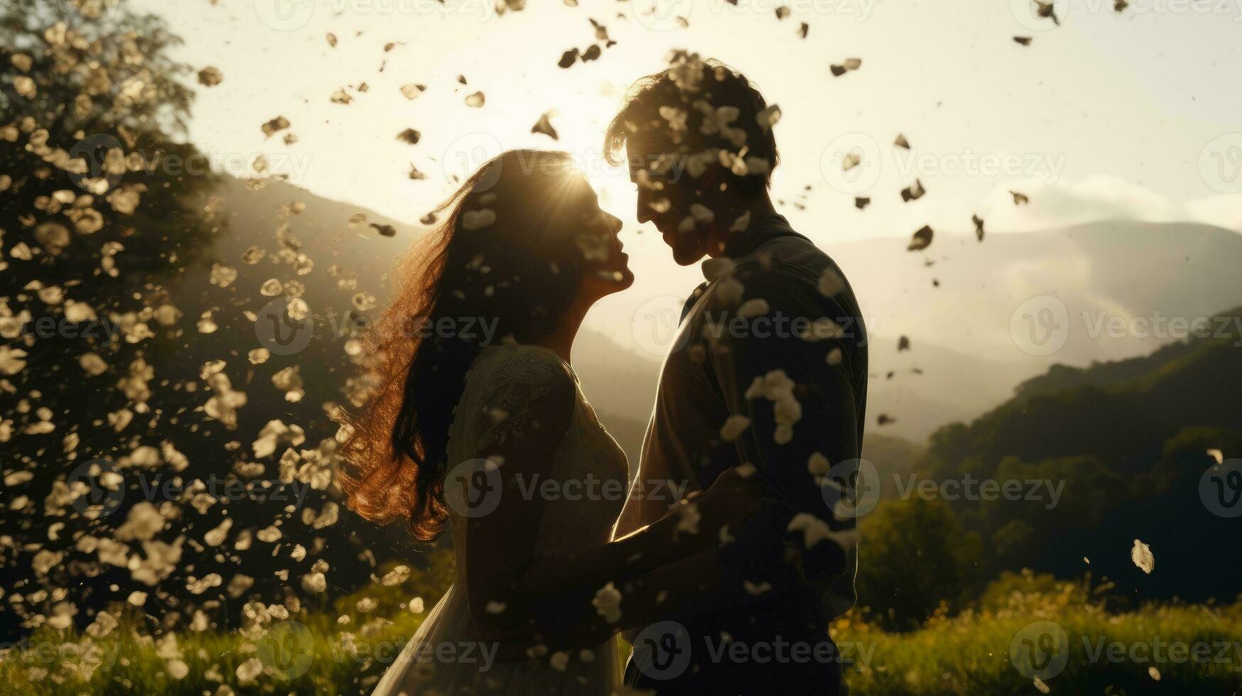 couple in love with different flowers flying in the air beautiful view photo