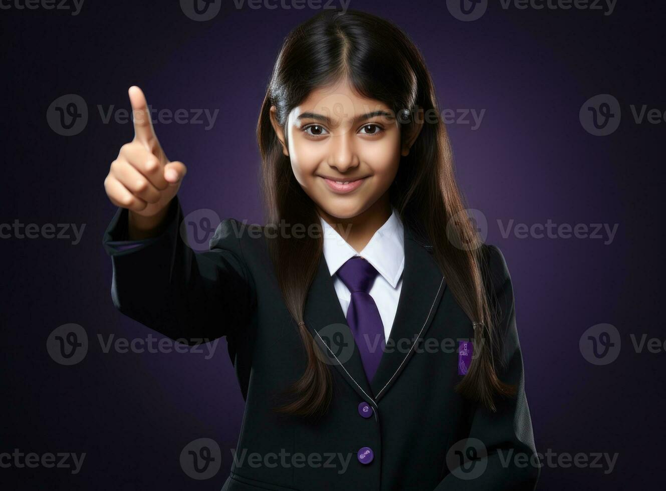 Cheerful girl in school uniform pointing finger up photo