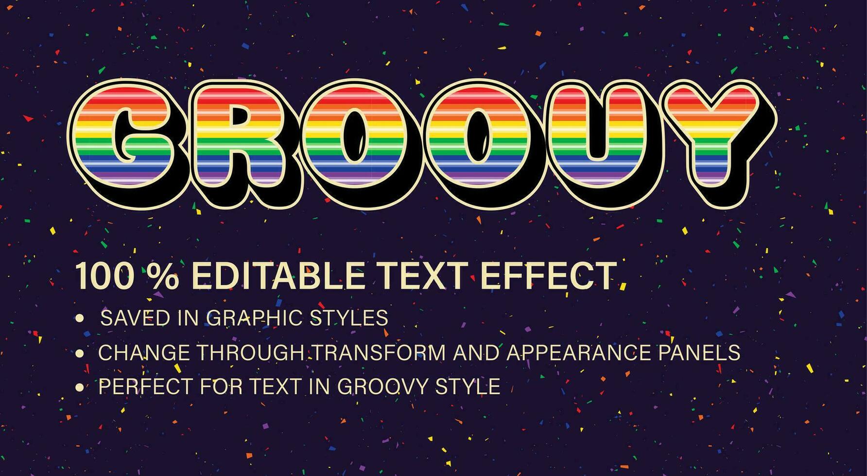 Groovy editable text effect in vintage style. Volumetric letters with rainbow stripes. Retro typographic graphic style. Good for hippie style of 60s, 70s For poster, header design vector