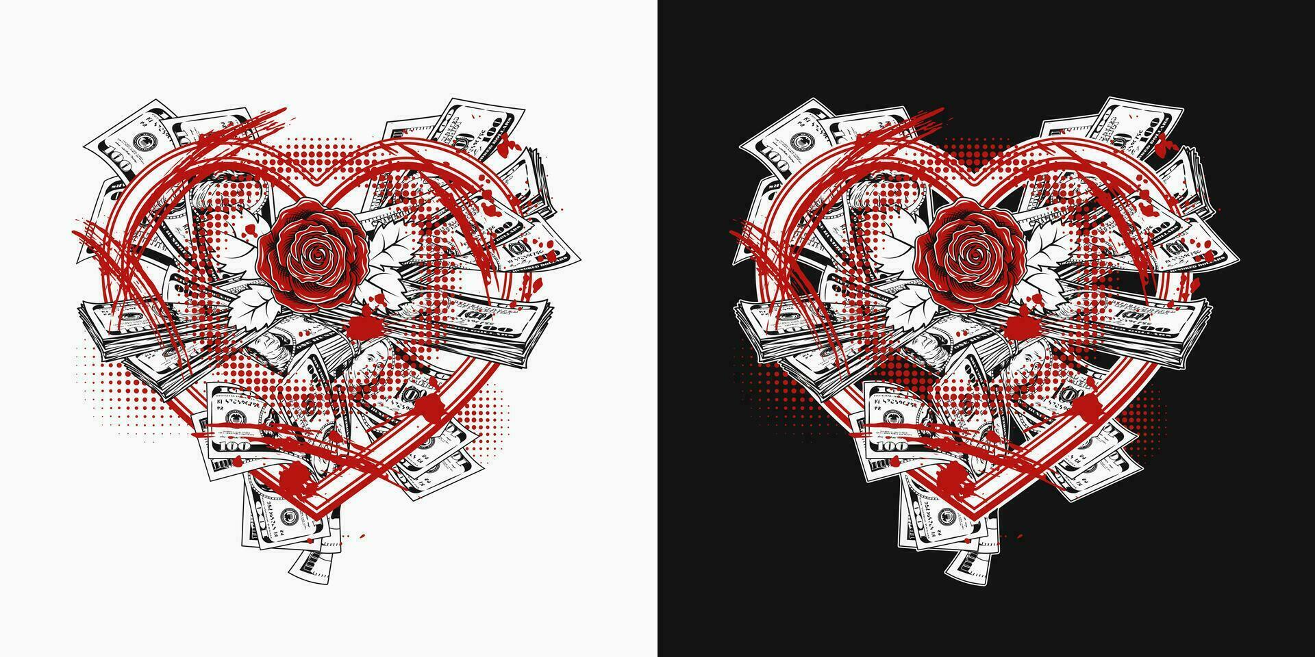 Composition with bundle of cash money in heart shaped frame, blooming red rose in centre. Concept of love of money. Trash polka style. vector