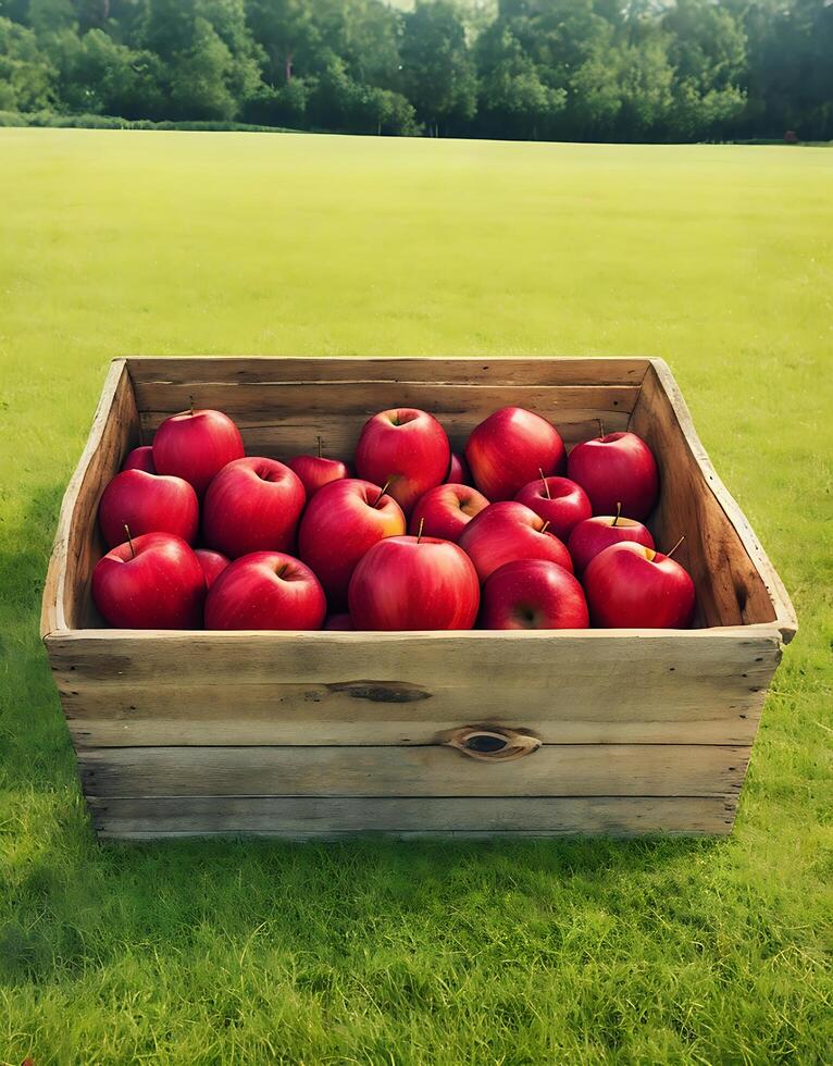 apple in a box on the garden photo
