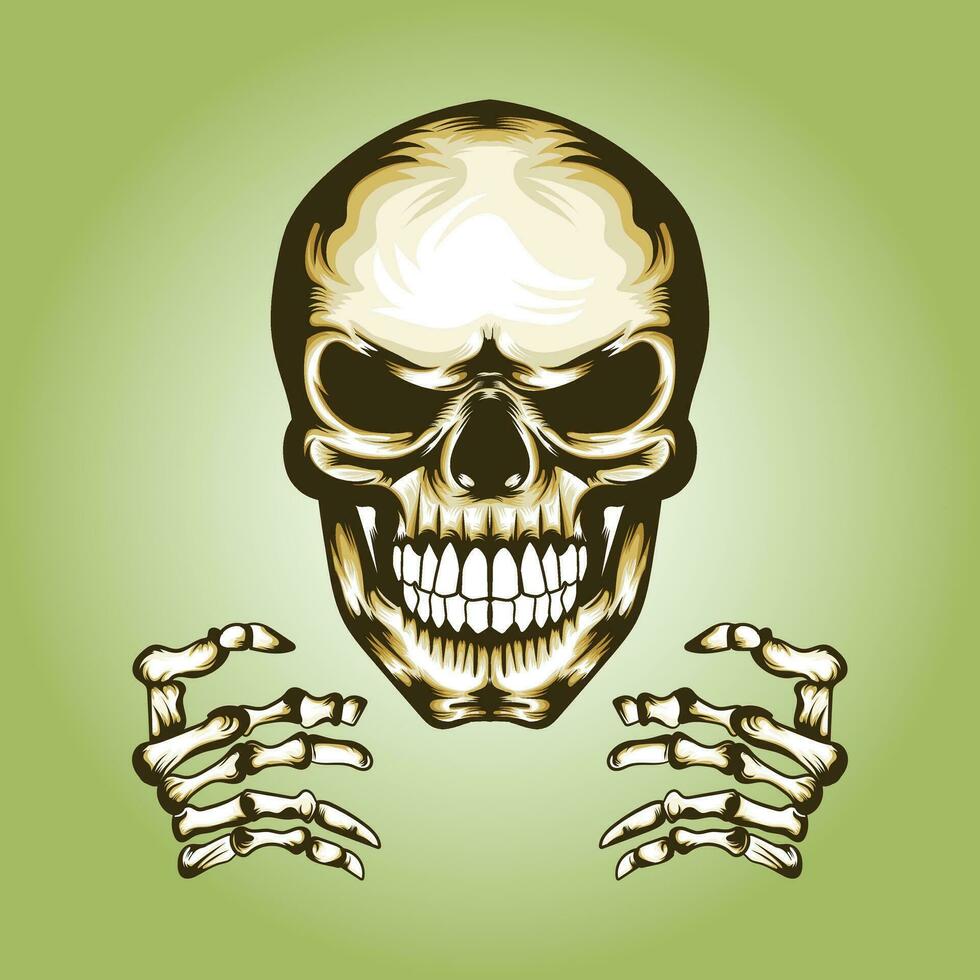 a skull and skeleton hand holding something vector illustration.