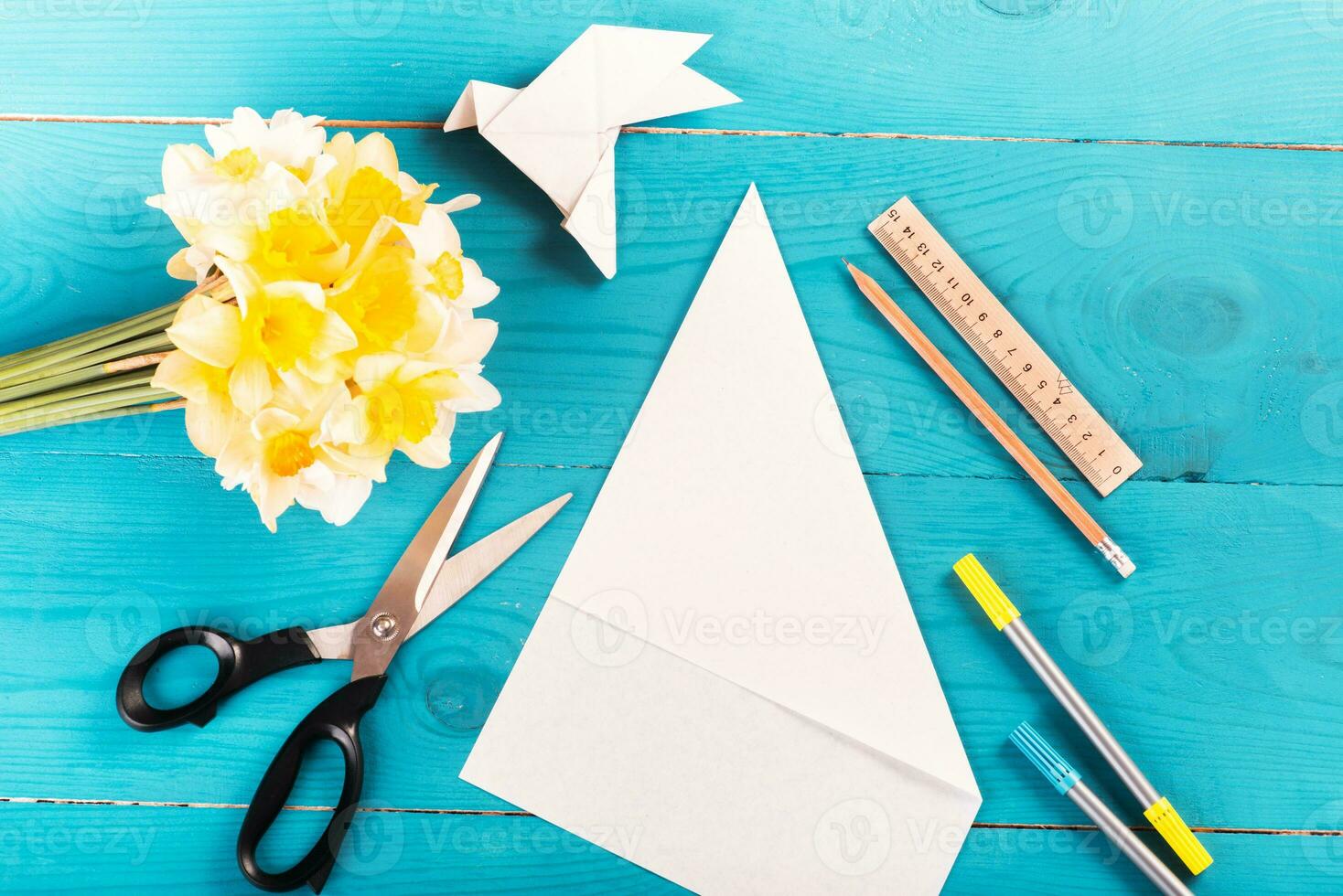 DIY instructions. How to make card with origami dove at home. Step by step photo instruction. Step 1. paper fold lines