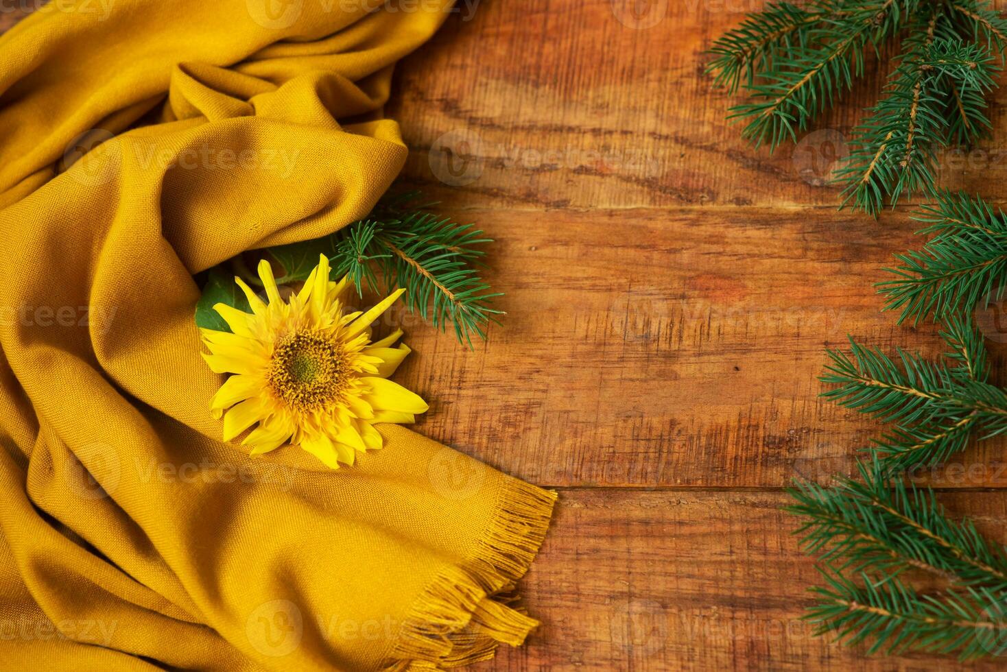 Winter, warm atmosphere. A composition with spruce branches, yellow scarf and sunflower on a wooden background photo