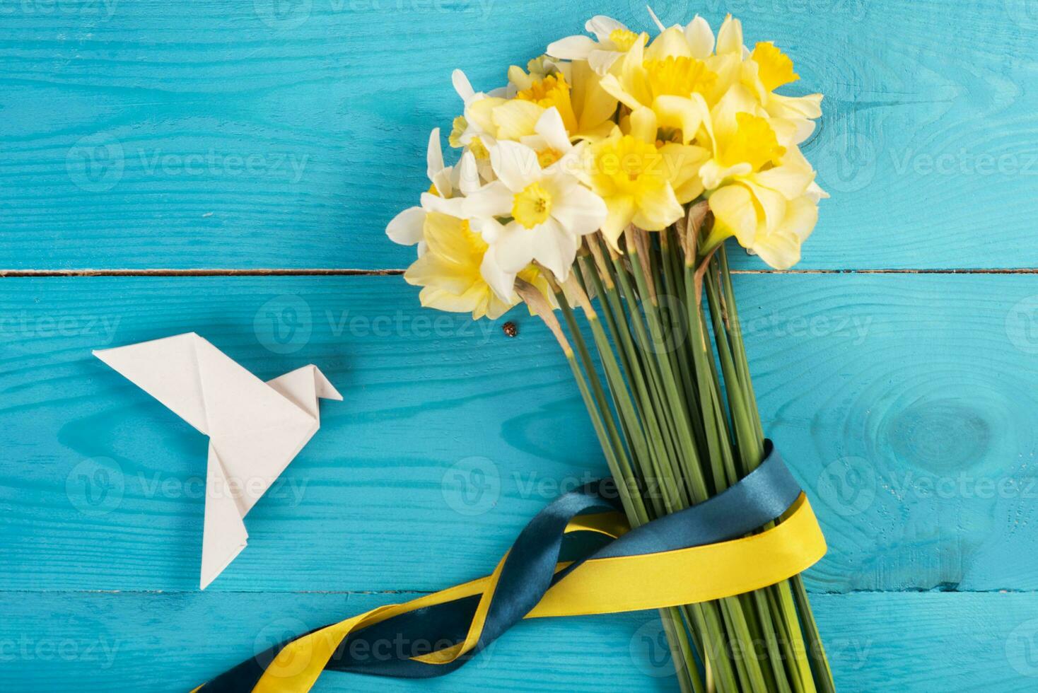 Yellow daffodils with a yellow-blue ribbon on a wooden background and a white paper's dove. Concept of Peace in Ukraine photo