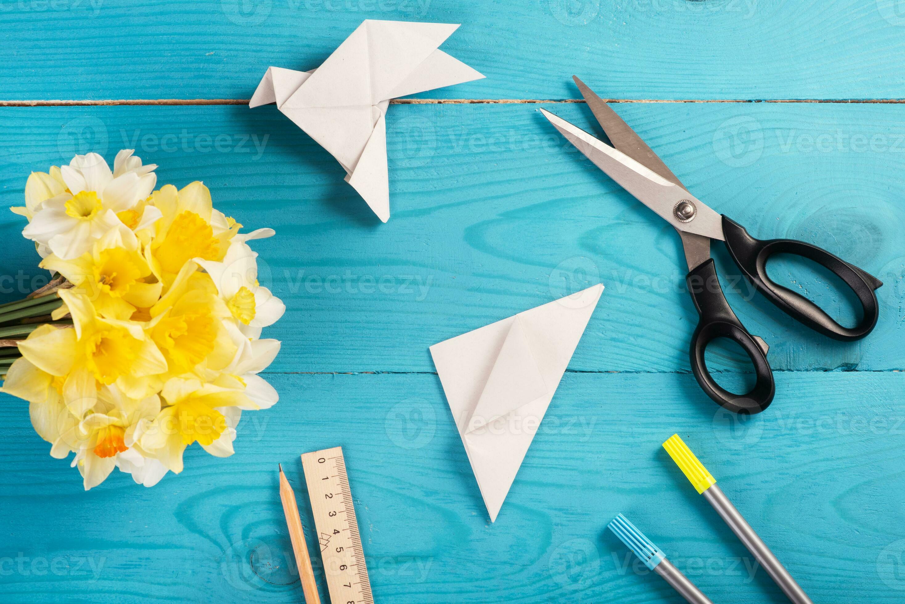 DIY instructions. How to make card with origami dove at home. Step by