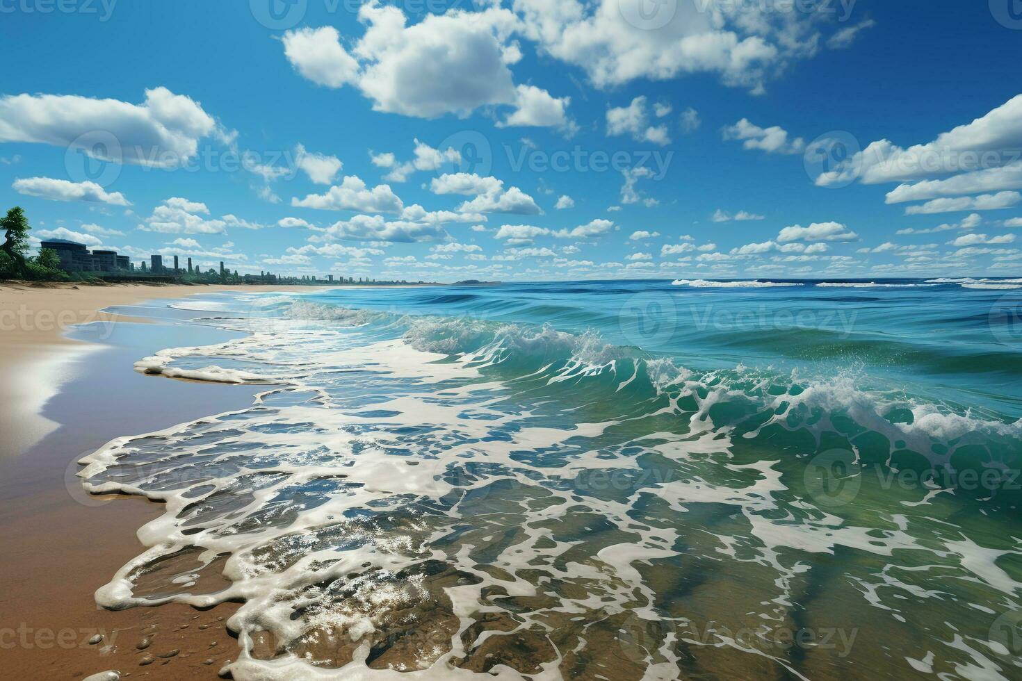 green ocean with gentle waves, sandy seashore, fluffy white clouds in bright blue sky. AI generative photo