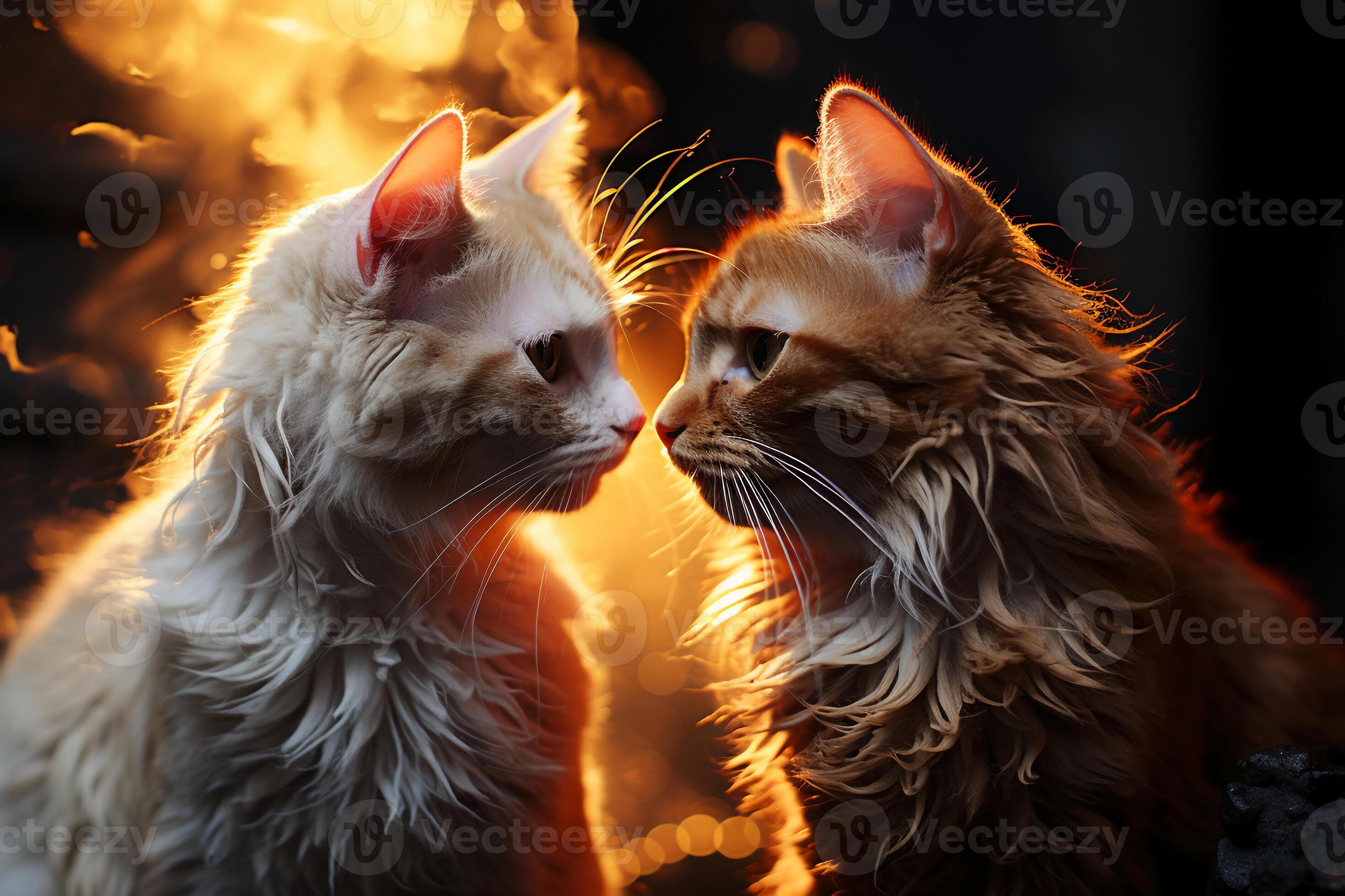 Two cats see each other against a dark background. AI generative