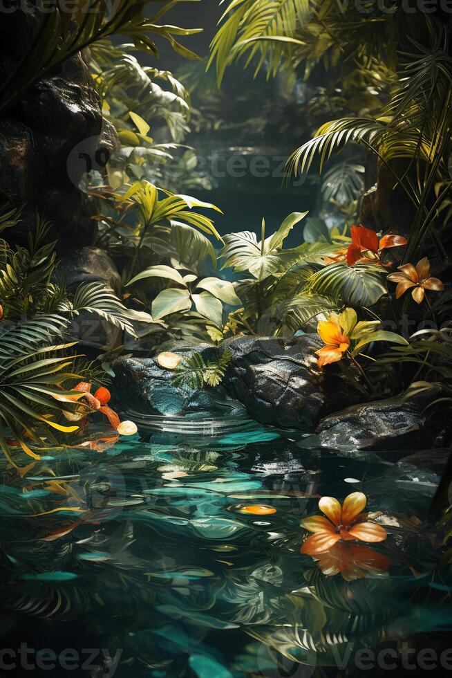 A vibrant tapestry of abstract shapes and patterns intertwines with lush green foliage, bathed in shimmering sunlight. photo