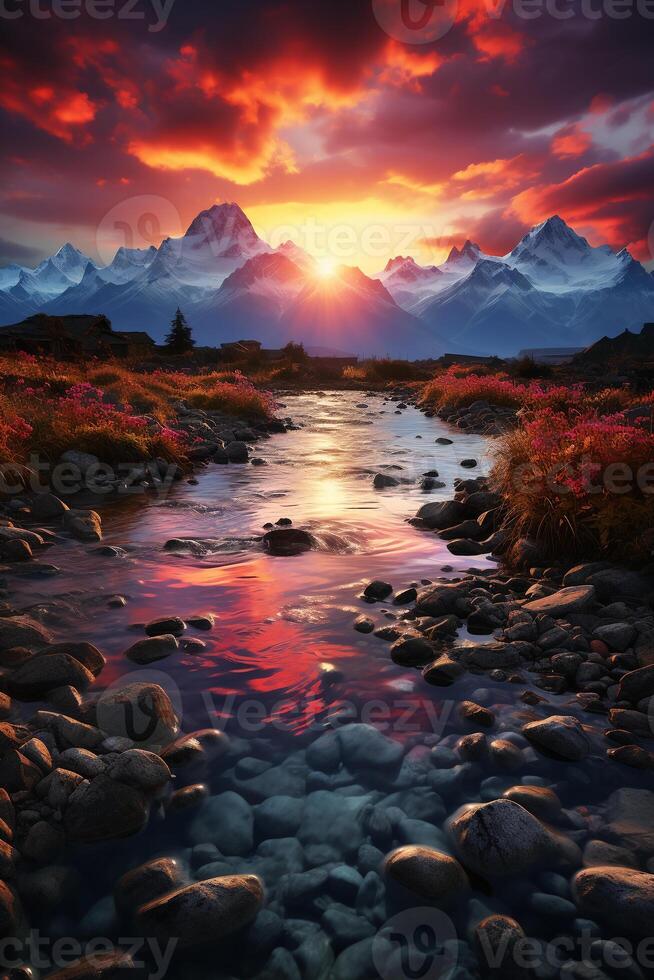 un hermosa paisaje con un maravilloso puesta de sol terminado un tranquilo lago. ai generativo foto