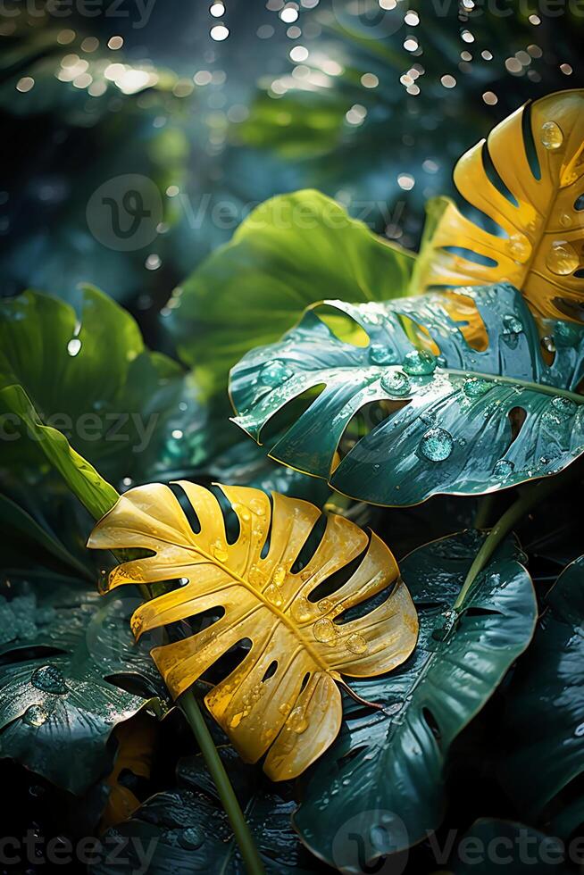 A vibrant tapestry of abstract shapes and patterns intertwines with lush green foliage, bathed in shimmering sunlight. photo