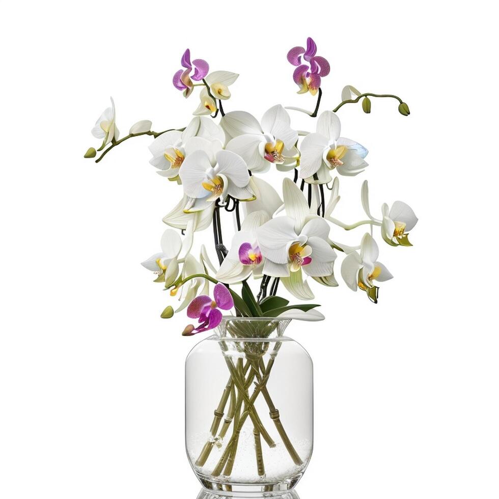 A tropical bouquet of orchids flowers, isolated on white background, in a Beautiful and elegant botanical illustration, photo