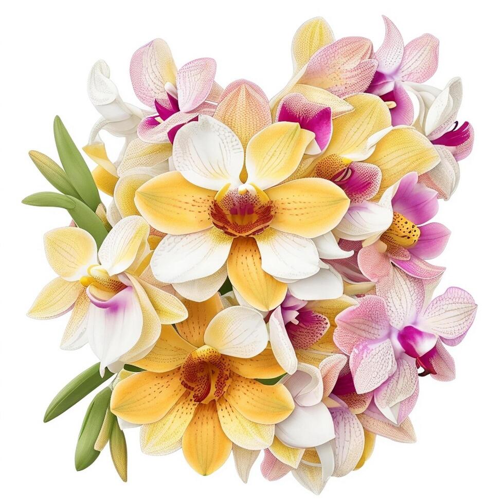 A tropical bouquet of orchids flowers, isolated on white background, in a Beautiful and elegant botanical illustration, photo