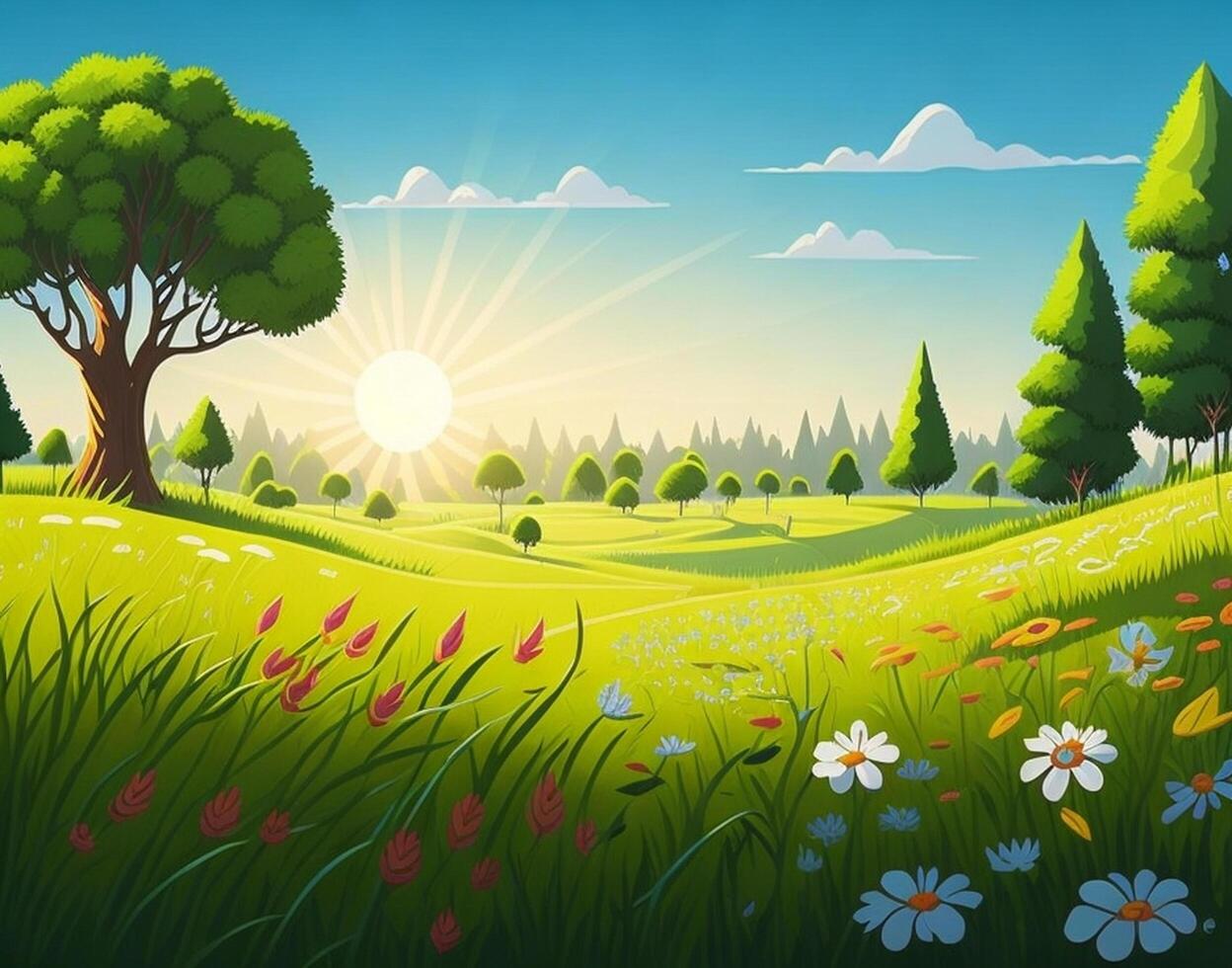 Cartoon style forest summer scene illustration for children, A playful jungle landscape, Game concept art background, photo