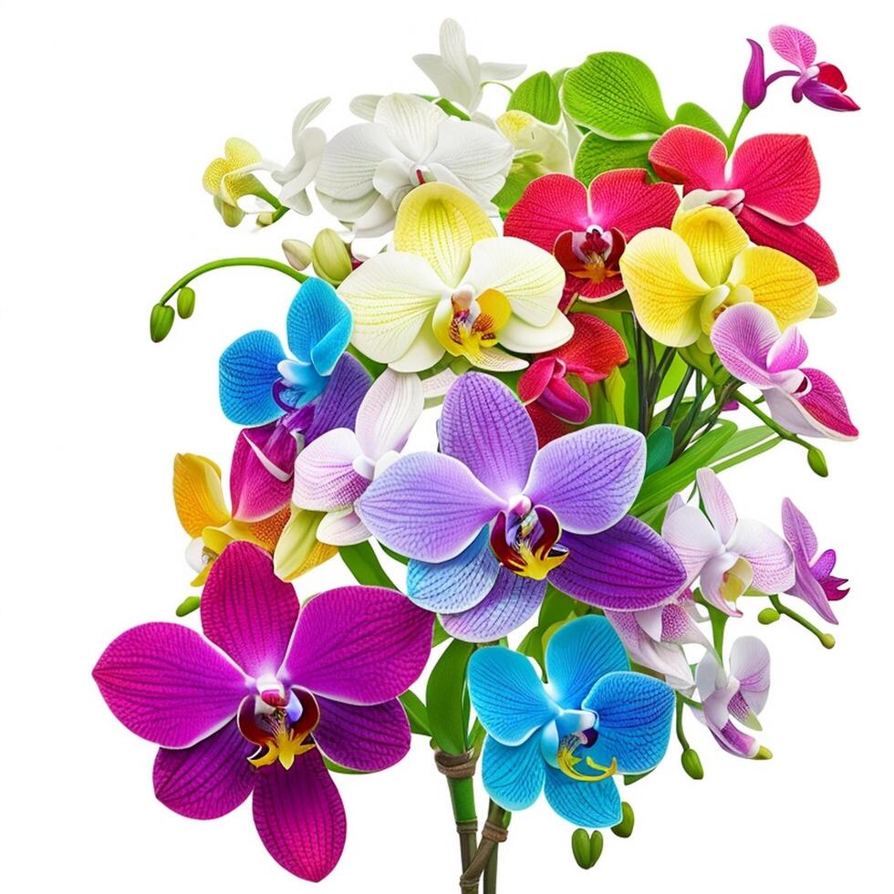 A tropical bouquet of orchids flowers, isolated on white background, in a Beautiful and elegant botanical illustration, photo