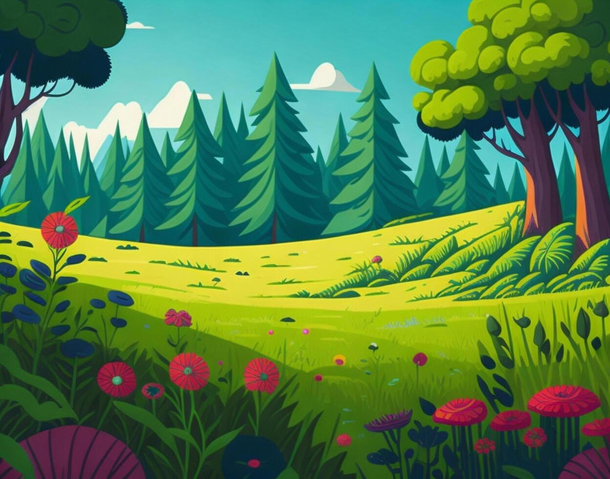 dibujos animados estilo bosque verano escena ilustración para niños, un juguetón selva paisaje, juego concepto Arte fondo, ai generado foto