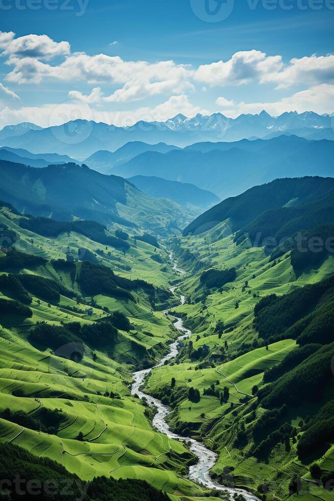 Green mountains, blue sky, few white clouds, high precision. AI generative photo