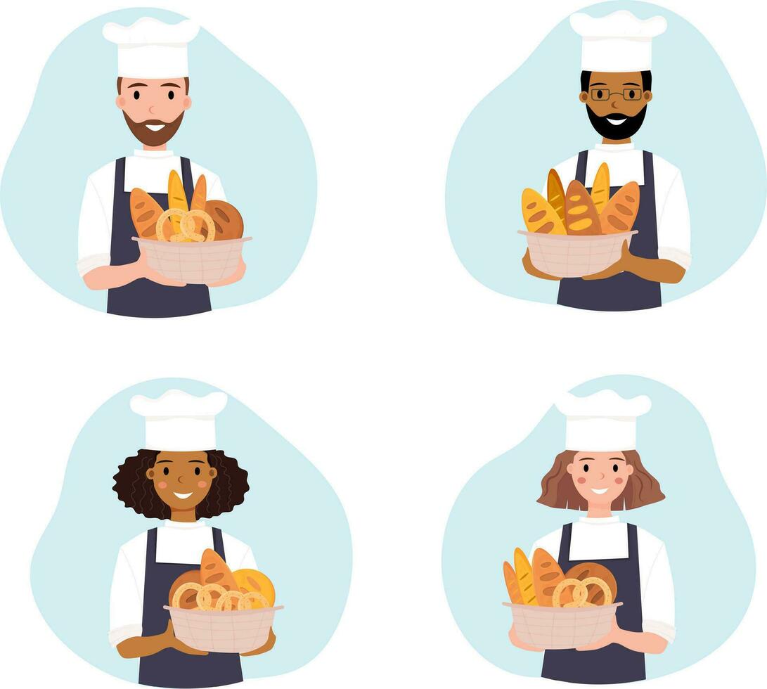 Set of four Baker Men and Women with Basket og Bread. Chef. African american baker. Set of bakers with fresh bread isolated on white Bakery shop. Vector illustration.
