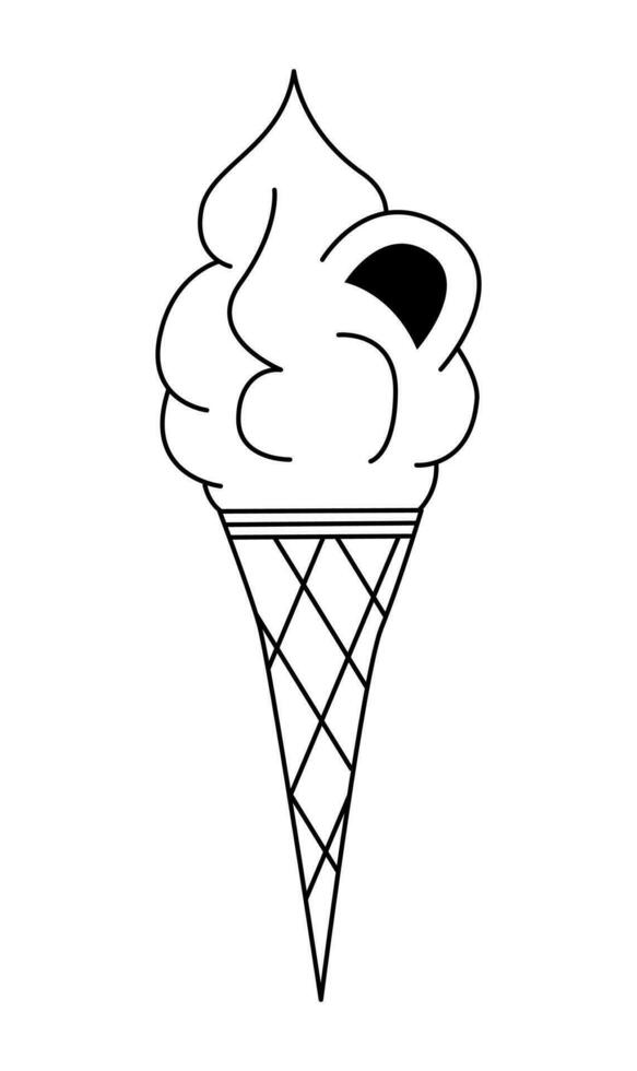 Soft serve ice cream cone doodle. Ice cream with cookie. Cute cartoon tasty dessert. Hand drawn illustration isolated on white background. vector