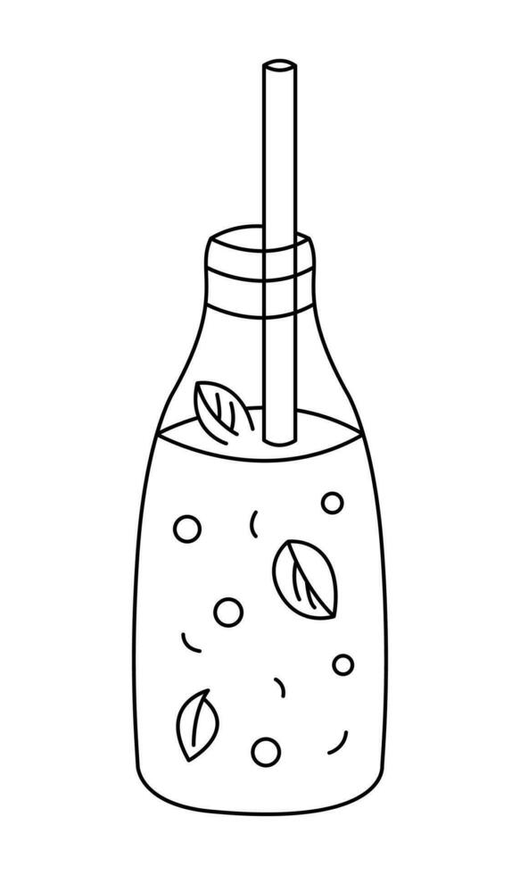 Summer lemonade doodle. Lemonade with bubbles and mint in bottle with a straw. Summer drink. Hand drawn illustration isolated on white background. vector