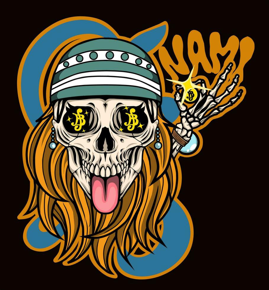 Nami Skull with berry money and log pose straw hat vector illustration