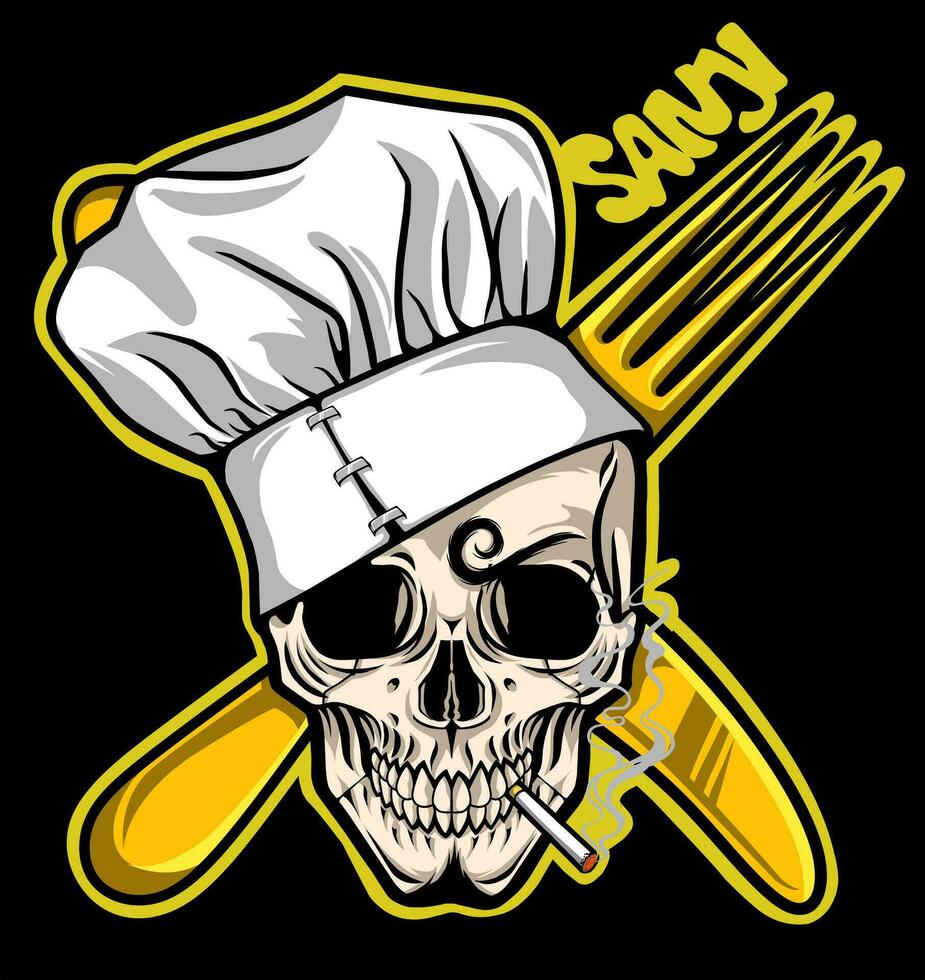 sanji Skull with chef's hat and fork knife straw hat vector illustration