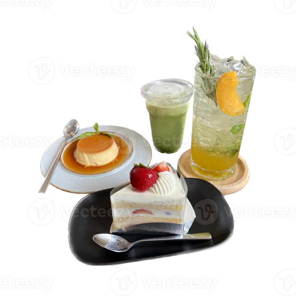 Dessert im Cafe Erdbeere Kuchen Pudding Matcha Pfirsich Limonade bunt png