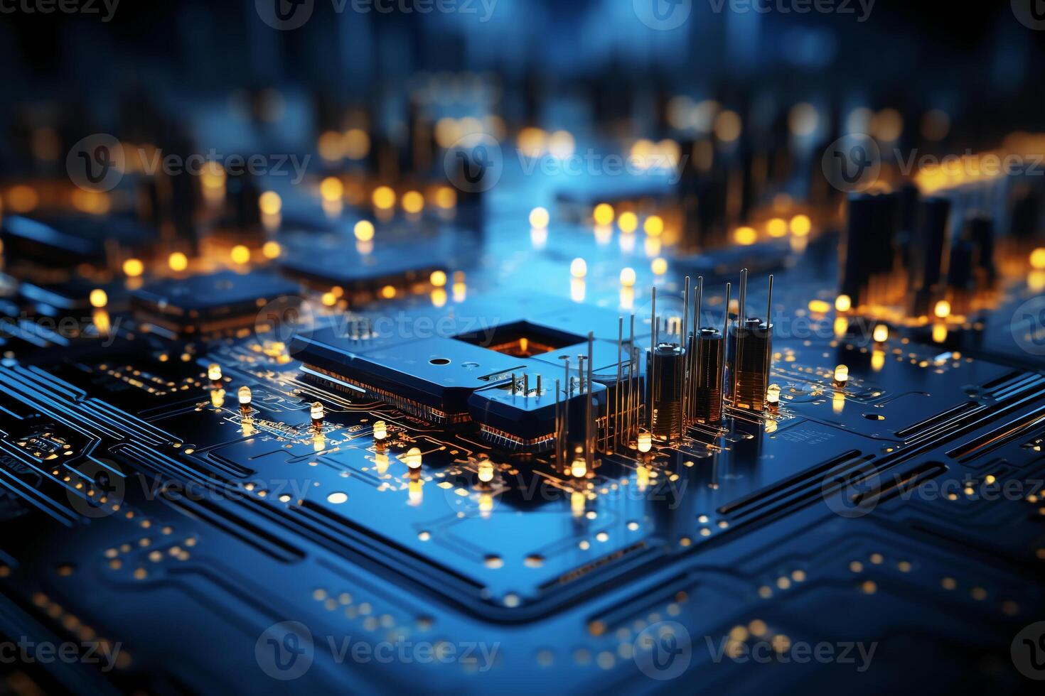 Mechanism, computer circuits, light blue background. photo
