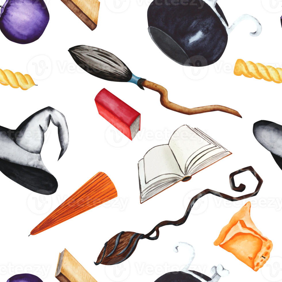 kvast, hatt, ljus, bok och kittel. vattenfärg illustration av en sömlös mönster. en uppsättning av objekt på en transparent bakgrund för halloween. för din design. png