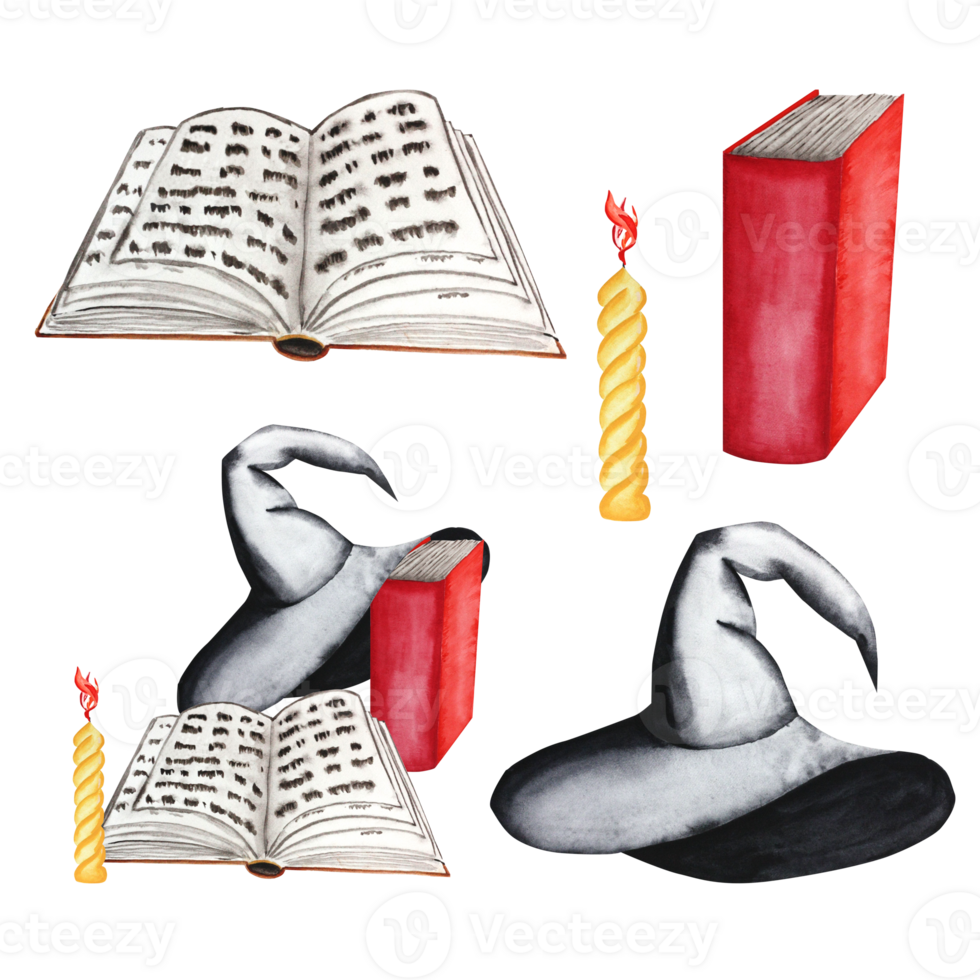 trollkarlens hatt och böcker med ljus. vattenfärg illustration av en uppsättning och element för halloween på en transparent bakgrund. festlig dekor. hand dragen för din design. png