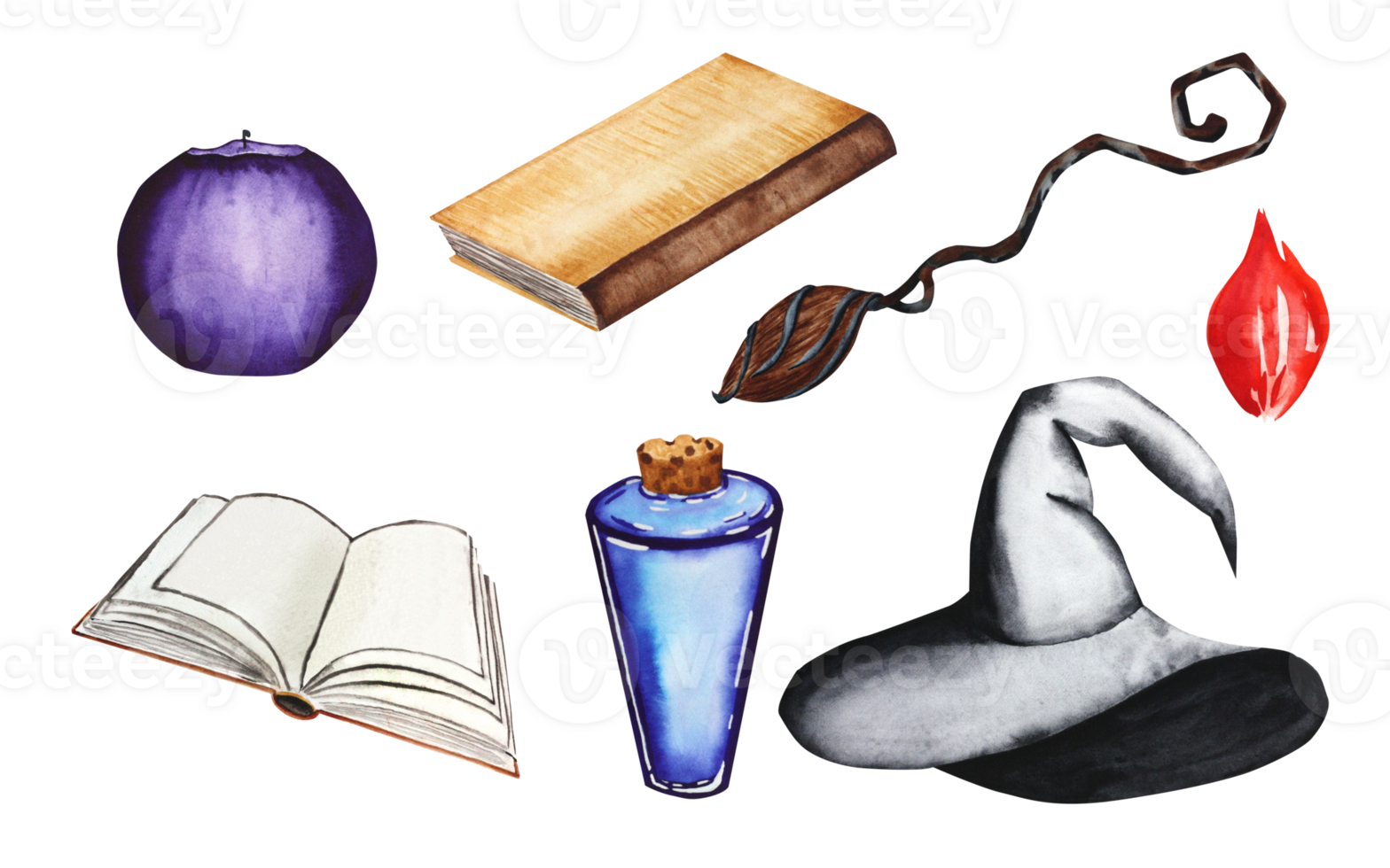 Set of watercolor illustrations for halloween. A set of books, candles, a broom, a potion and a hat, hand-drawn for a holiday, a party on a transparent background. For your design. png