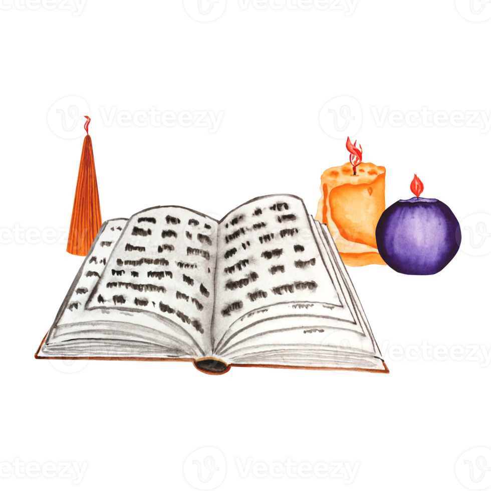 Watercolor illustration of a book of spells and candles. The drawing is handmade for Halloween on a transparent background. For your design. png