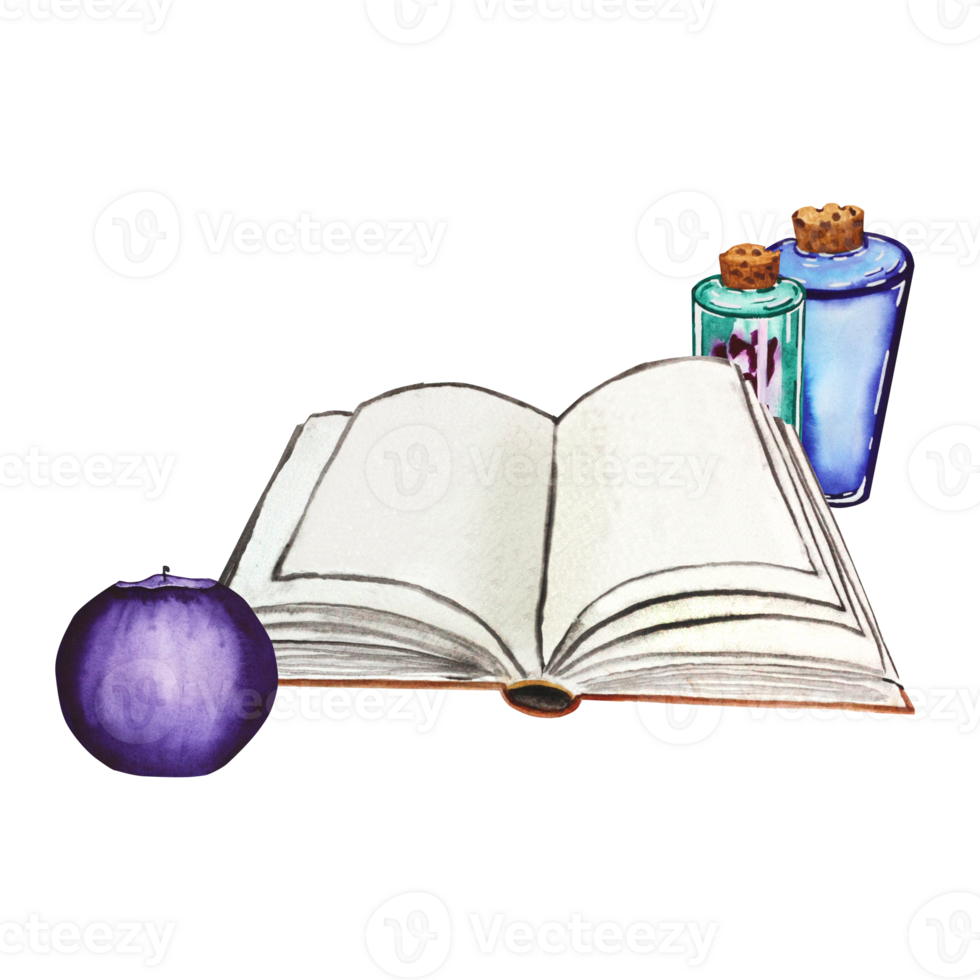 Book with candles and potions. Watercolor illustration of Halloween set isolated on transparent background. Hand drawn for your design. png