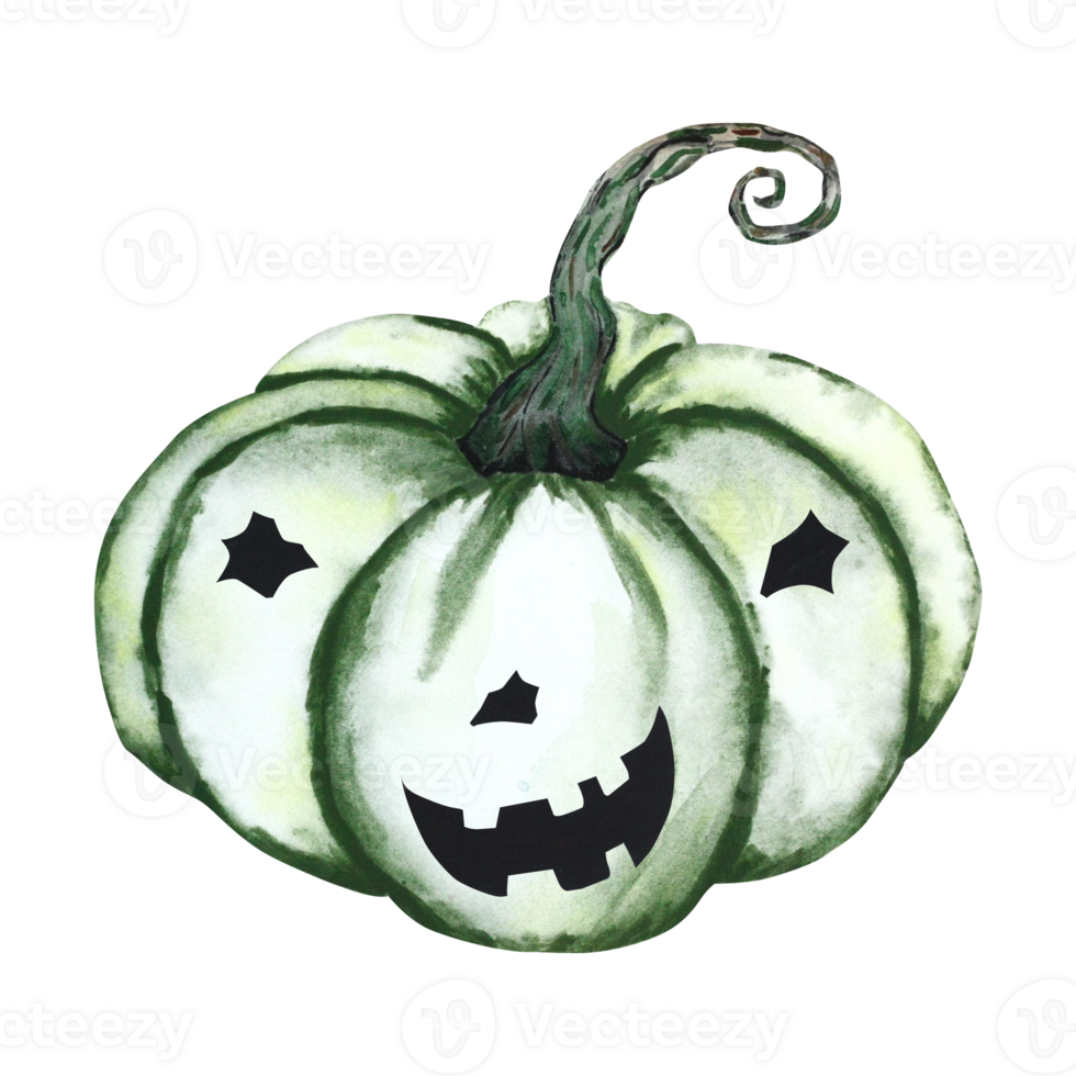 Watercolor illustration of a pumpkin with carved faces. The drawing is handmade for Halloween on a transparent background. For your design. png