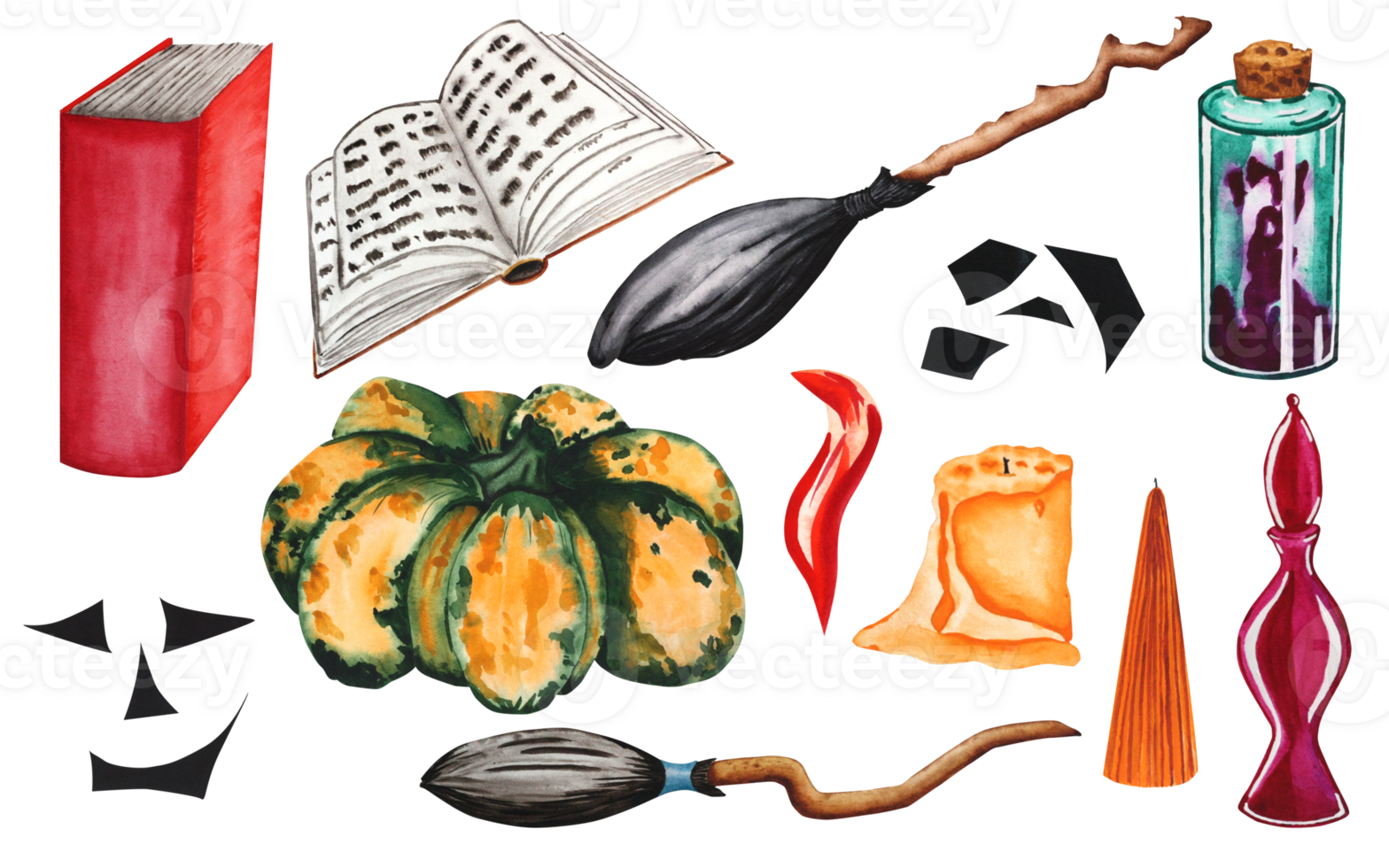 uppsättning av vattenfärg illustrationer för halloween. en uppsättning av ritad för hand pumpor, ansikten, böcker, ljus, kvastar och potions för en Semester, fest på en transparent bakgrund. för din design. png