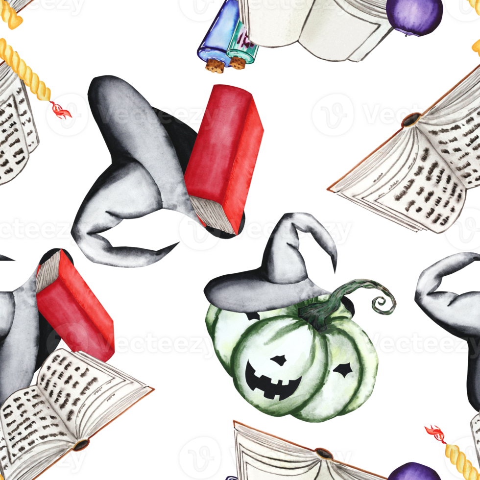 kompositioner av pumpor, hattar, böcker, ljus och drycker. vattenfärg illustration av halloween sömlös mönster på transparent bakgrund. festlig dekor. hand dragen för din design. png
