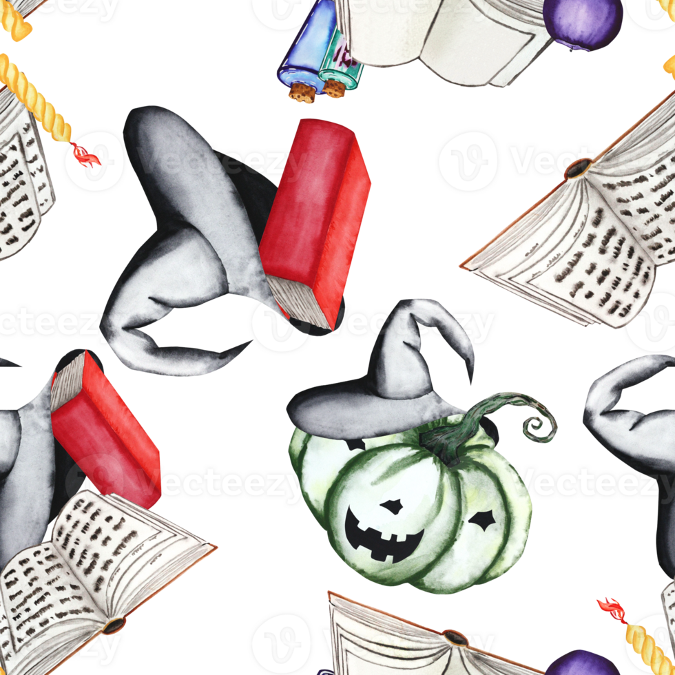 compositions de citrouilles, Chapeaux, livres, bougies et potions. aquarelle illustration de Halloween sans couture modèle sur transparent Contexte. de fête décor. main tiré pour votre conception. png