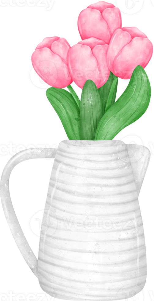 vibrant bouquet of tulip flowers in vase  in a delightful pastel watercolour hand drawing png