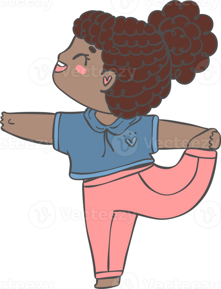 Cute playful Kid Doing Yoga flamingo pose in Pastel whimsical Cartoon Illustration png