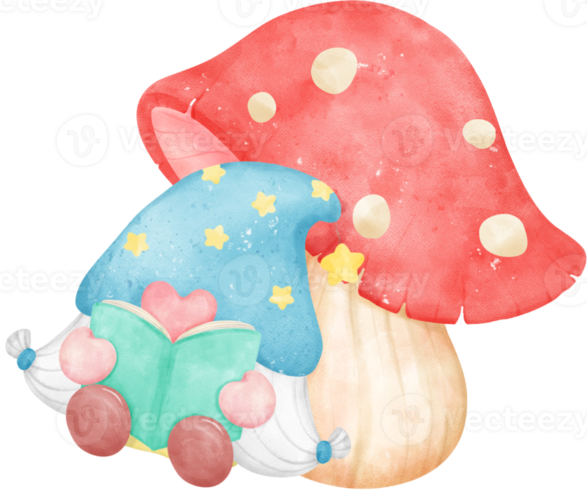 Cheerful Gnome Reading a Book in a Vibrant Watercolor cartoon character hand drawing illustration. Perfect for educational resources, fantasy-themed projects, and creating a cozy atmosphere. png