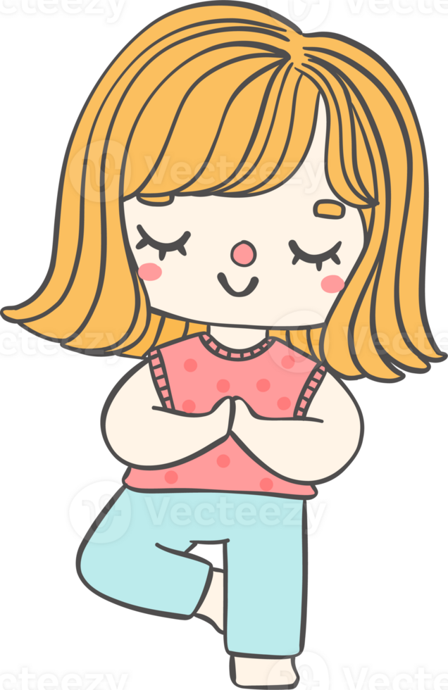 Cute playful Kid Doing Yoga  tree pose in Pastel whimsical Cartoon Illustration png