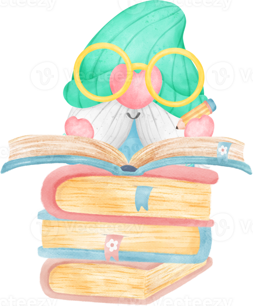 alegre gnomo leyendo un libro en un vibrante acuarela dibujos animados personaje mano dibujo ilustración. Perfecto para educativo recursos, fantasía proyectos, y creando un acogedor atmósfera. png