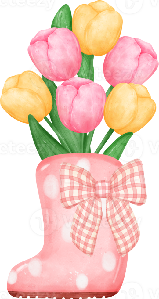 vibrant bouquet of tulip flowers in boots  in a delightful pastel watercolour hand drawing png