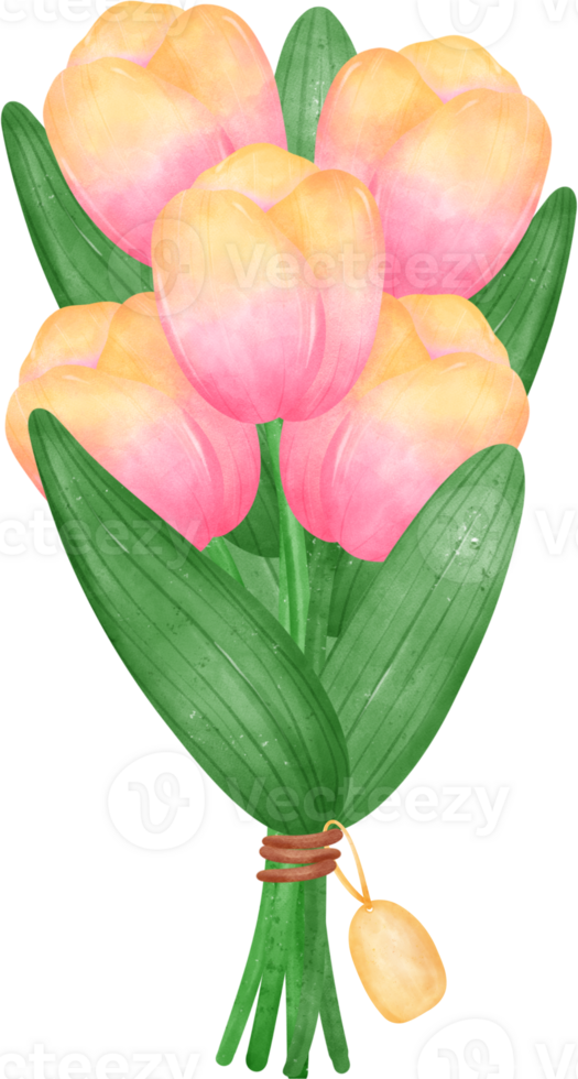 vibrant bouquet of tulip flowers with cute bow tie  in a delightful pastel watercolour hand drawing png
