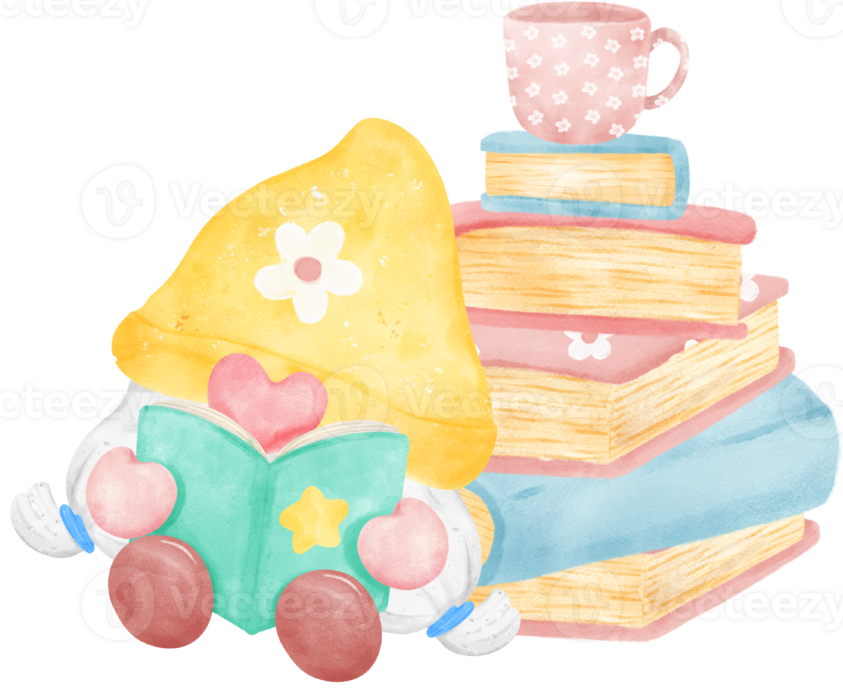 Cheerful Gnome Reading a Book in a Vibrant Watercolor cartoon character hand drawing illustration. Perfect for educational resources, fantasy-themed projects, and creating a cozy atmosphere. png