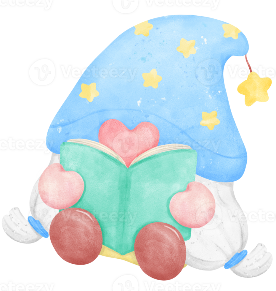 Cheerful Gnome Reading a Book in a Vibrant Watercolor cartoon character hand drawing illustration. Perfect for educational resources, fantasy-themed projects, and creating a cozy atmosphere. png