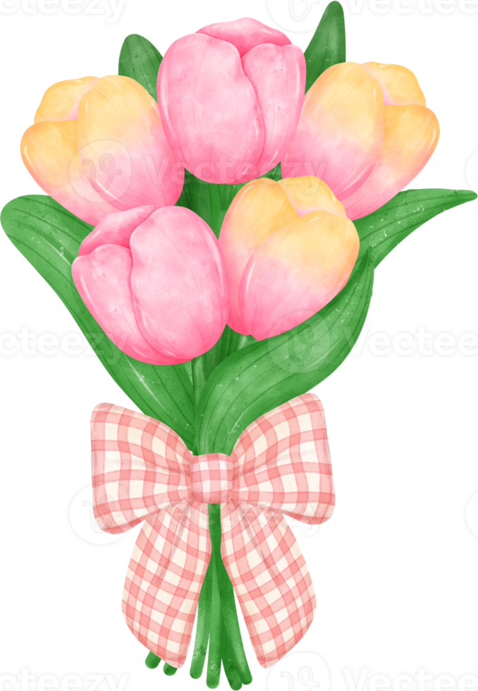 vibrant bouquet of tulip flowers with cute bow tie  in a delightful pastel watercolour hand drawing png