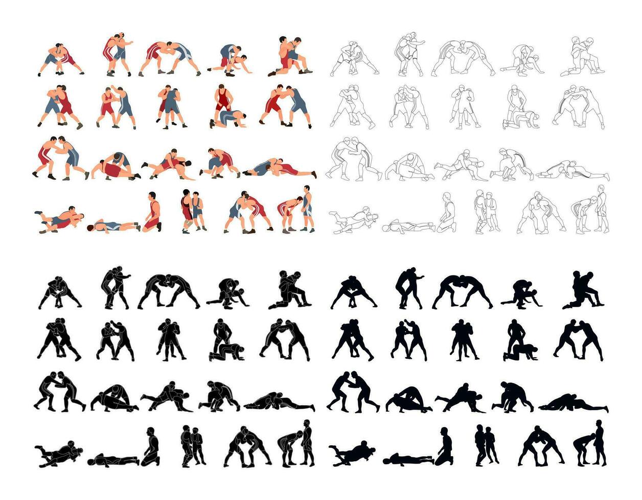 Set of wrestlers silhouettes. Image of greco roman wrestling, martial art, sportsmanship vector