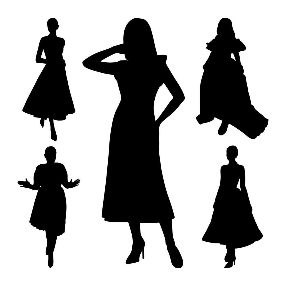 Image of a black silhouette of a dancing girl in a festive weekend dress. Fashion show vector