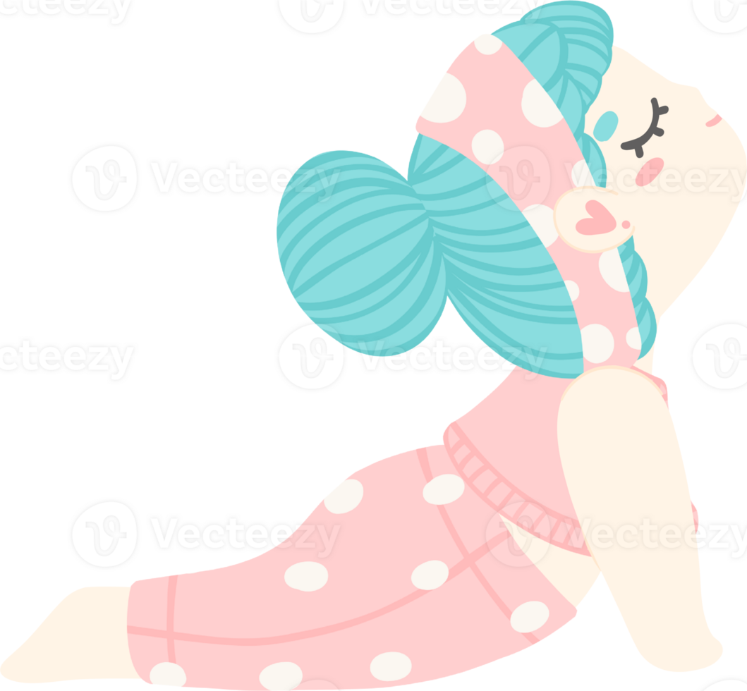 Cute cartoon girl in cobra pose. Pastel-colored illustration of yoga girl for yoga lovers and self-care enthusiasts. png